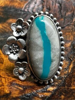 Ribbon Turquoise Floral Ring Sterling Silver Adjustable Statement Ring